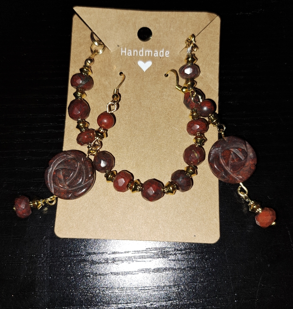 Red Brecciated Jasper Bracelet & Carved Rose Earrings Set, 14K Over Sterling
